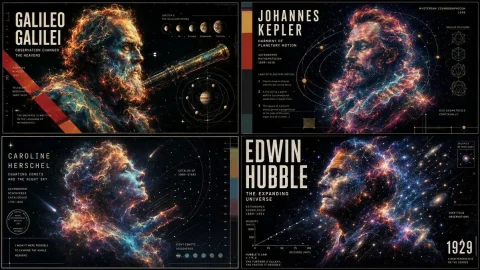 Infographic / Edu Visual - Ethereal Data Portrait for Astronomers — GPT Image 2.5 AI Prompt: 2x2 grid, do this for 4 famous astronomers: class ethereal_data_portrait: def __...