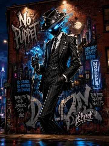 Social Media Post - No Puppet Noir Graffiti Mural — GPT Image 2.5 AI Prompt: Create a cinematic nighttime urban street scene showing a huge detailed graffiti...