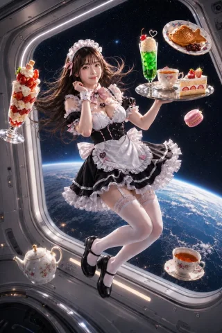 Profile / Avatar - Space Maid Cafe Zero-Gravity Portrait — GPT Image 2.5 AI Prompt: Subject: Welcome to the space maid cafe Person/Expression: Japanese young woman...