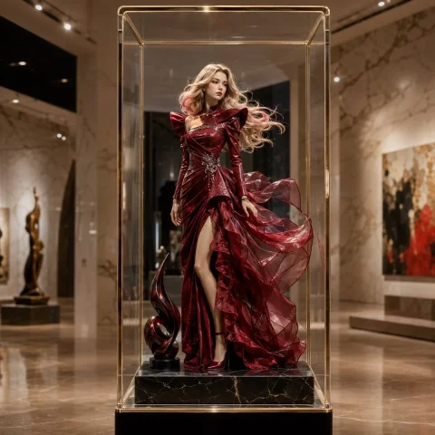 Luxury Museum Acrylic Case Visual — GPT Image 2.5 AI Prompt: High-quality square 3D product visual. A transparent vertical rectangular acryli...