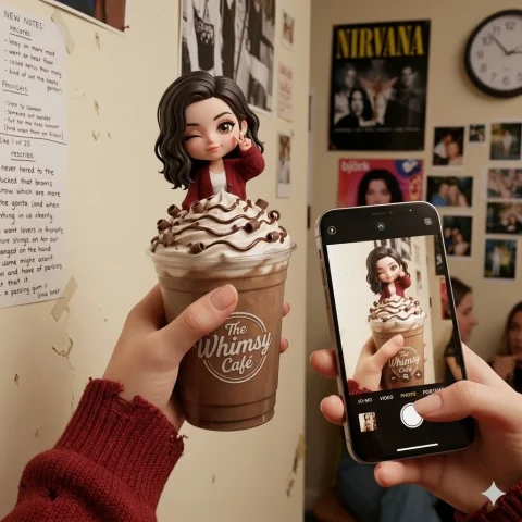 Whimsical Chibi Mocha Frappe Cup — Nano Banana 2 AI Prompt: Create highly detailed, whimsical 3D rendering of a miniature Chibi cute girl si...