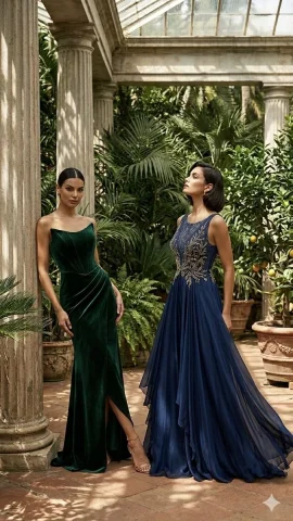 Elegant Gowns Greenhouse Editorial — Nano Banana 2 AI Prompt: A high-fashion editorial portrait of two elegant women posing inside a classical...