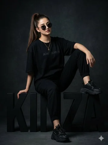 Fashion Editorial 3D Block Letter Shot — Nano Banana 2 AI Prompt: A high-fashion professional studio photoshoot of a stylish girl with long dark h...