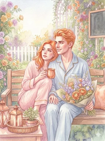 Romantic Garden Watercolor Illustration — Nano Banana 2 AI Prompt: A soft and bright watercolor illustration of a romantic young couple sitting clo...