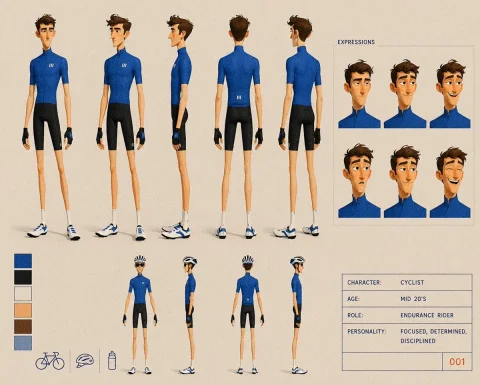 Cyclist Character Design Sheet — GPT Image 2.5 AI Prompt: Goal: Create a stylized animation character design sheet for Cyclist, an enduran...