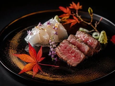 Luxury Kaiseki Wagyu and Sashimi Plate — GPT Image 2.5 AI Prompt: Create a high-end Japanese kaiseki food photograph on a glossy black lacquer pla...
