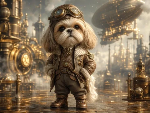 Steampunk Shih Tzu Airship Pilot — GPT Image 2.5 AI Prompt: Create a highly detailed cinematic steampunk fantasy portrait of a cute small Sh...
