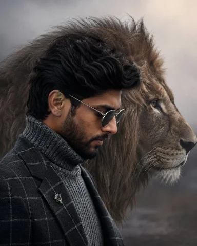 Cinematic Fashion Portrait with Lion — GPT Image 2.5 AI Prompt: A cinematic fashion portrait of a stylish man with the uploaded face as referenc...