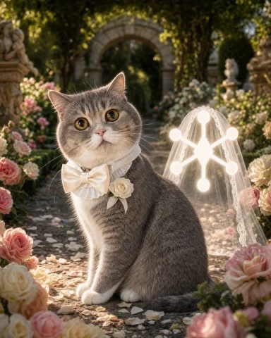 Cat Groom Garden Wedding Portrait — GPT Image 2.5 AI Prompt: Create a photorealistic luxury wedding portrait of a cute British Shorthair cat...