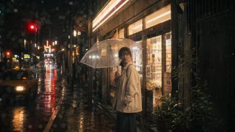 Rainy Tokyo Convenience Store Scene — GPT Image 2.5 AI Prompt: Create a cinematic photorealistic night street scene in rainy Tokyo, shot in a w...