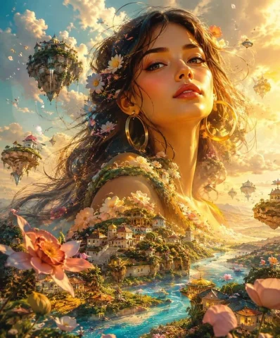 Ethereal Giant Woman Landscape — GPT Image 2.5 AI Prompt: A giant ethereal woman with glowing skin, glossy lips, dark eyes, and large gold...