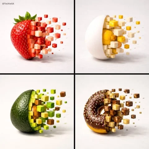 E-commerce Main Image - 3D Pixel Food Disintegration — GPT Image 2.5 AI Prompt: A minimalist food photograph featuring a single apple on a clean matte white sur...