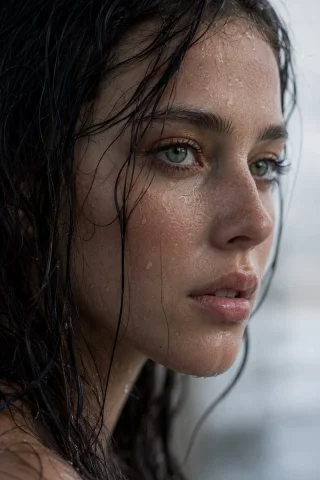Realistic Wet Close-Up Portrait — GPT Image 2.5 AI Prompt: Extreme wet close-up portrait of a young woman in side profile. Dark, rain-soake...