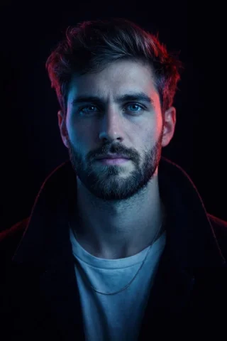 Cyberpunk Neon Split Lighting Portrait — GPT Image 2.5 AI Prompt: Studio portrait, tight head-and-shoulders close-up, eye-level, near-perfect cent...