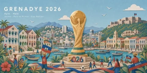 Poster / Flyer - Haitian Football Poster Panorama — GPT Image 2.5 AI Prompt: Create a refined panoramic illustration in landscape format for a Haitian footba...