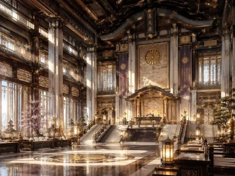 YouTube Thumbnail - NeoNippon Imperial Throne Hall — GPT Image 2.5 AI Prompt: Create a grand cinematic interior scene in a fictional aesthetic called NeoNippo...