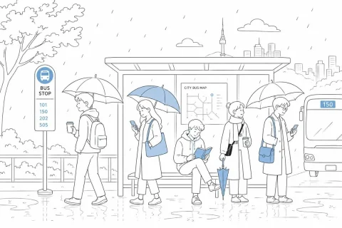 Infographic / Edu Visual - Rainy City Bus Stop Commute — GPT Image 2.5 AI Prompt: Create a clean monochrome line-art illustration with soft blue accents showing a...