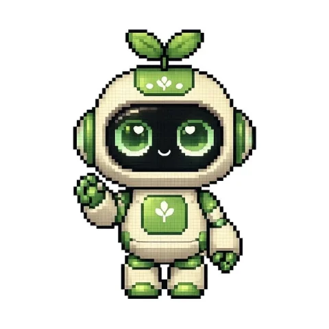 Profile / Avatar - Cute Eco Robot Pixel Art Mascot — GPT Image 2.5 AI Prompt: Create a centered full-body pixel art mascot robot on a clean plain white backgr...