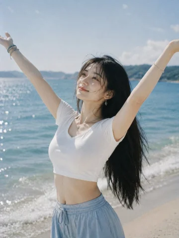 Profile / Avatar - Joyful Woman Raising Arms at Beach — GPT Image 2.5 AI Prompt: Create a realistic vertical lifestyle photo of a young woman standing on a sunny...