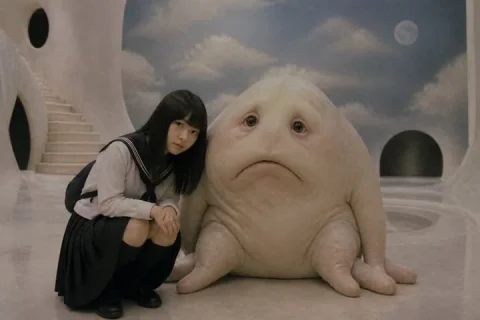 Profile / Avatar - Surreal Schoolgirl and Blob Creature — GPT Image 2.5 AI Prompt: Create a surreal cinematic analog-film photograph in a dreamy white architectura...