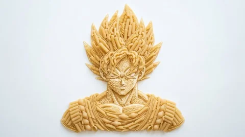 Pasta Art Bust Portrait — Nano Banana 2 AI Prompt: Top-down flat lay portrait of your character, shown as a true centered bust port...