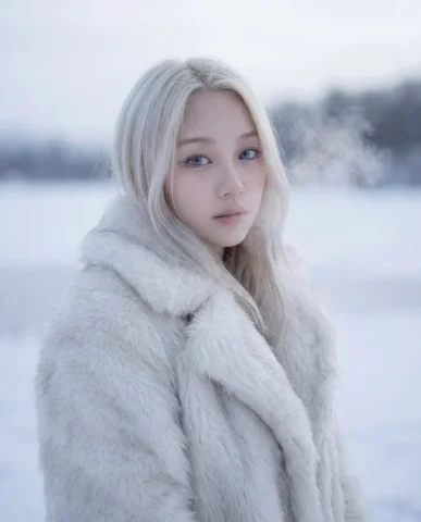 Ethereal Frozen Landscape Portrait — Nano Banana 2 AI Prompt: Cinematic portrait of a pale woman with platinum blonde hair, icy blue eyes, wea...