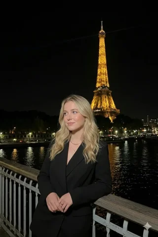 Paris River Bank Flash Portrait — Nano Banana 2 AI Prompt: { "background": { "location": "Paris, Seine River bank", "landmark": "Eiffel Tow...