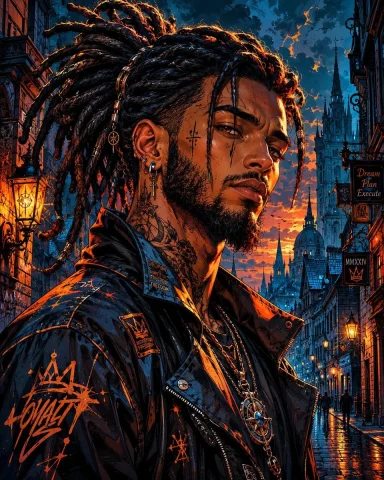 Cyber-Noir Rugged Man Portrait — Nano Banana 2 AI Prompt: A cinematic cyber-noir portrait of a rugged young man with thick dreadlocks tied...