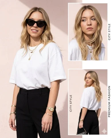 Modern Collage Fashion Photography — Nano Banana 2 AI Prompt: Hyper-detailed stylish fair beautiful curvy young woman collage portrait, classy...