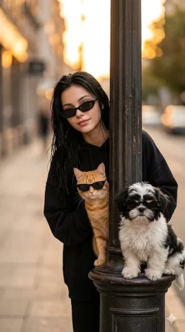 Stylish Trio City Street Portrait — Nano Banana 2 AI Prompt: A highly detailed, ultra-realistic cinematic masterpiece photograph capturing a...