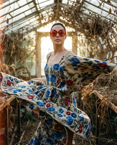 Kinetic Floral Fashion Collision — Nano Banana 2 AI Prompt: A high-fashion photography prompt featuring a female subject in a dynamic mid-sp...