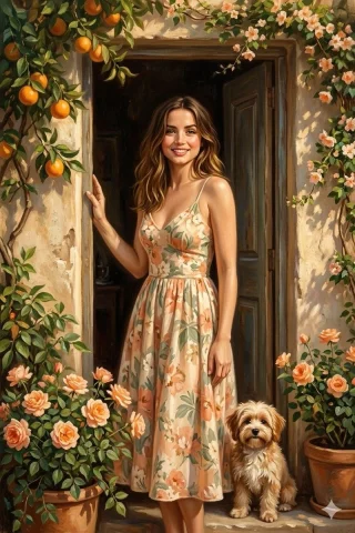 Mediterranean Doorway Painterly Portrait — Nano Banana 2 AI Prompt: Use the reference photo for the pose, facial features, hairstyle, rustic doorway...