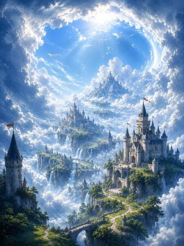 Epic Vertical Fantasy Castle Wallpaper — Nano Banana 2 AI Prompt: Epic vertical fantasy wallpaper, colossal luminous opening in the clouds, brilli...