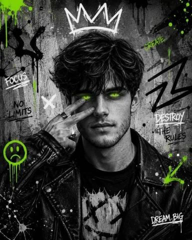 Urban Grunge Street Art Portrait — Nano Banana 2 AI Prompt: High-contrast black-and-white urban portrait of a curly-haired bearded man in a...