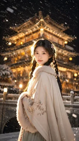 Snowy Chinese Temple Portrait — Nano Banana 2 AI Prompt: Create a vertical cinematic portrait of a young Chinese woman in an ancient snow...
