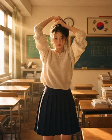 Korean Classroom Aesthetic Portrait — Nano Banana 2 AI Prompt: Ultra-realistic portrait of a beautiful Korean woman standing at a chalk-dusted...
