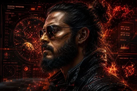Rugged Cyberpunk Man HUD Portrait — Nano Banana 2 AI Prompt: A cinematic side-profile portrait of a rugged man with a tied-back man bun and t...