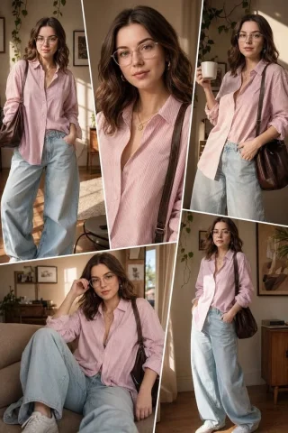 Sunlit Interior Fashion Collage — Nano Banana 2 AI Prompt: Ultra realistic fashion collage of a woman in 5 different poses inside a warm su...