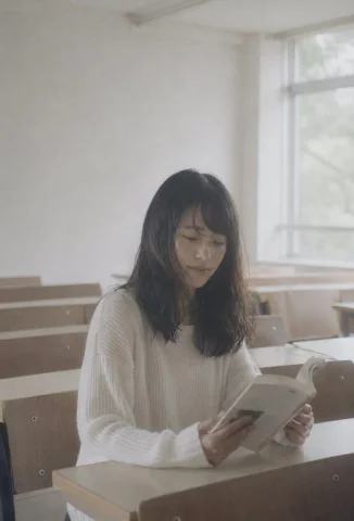 Faceless Student Reading in Classroom — Nano Banana 2 AI Prompt: Create a soft, nostalgic film photograph in a vertical 2:3 frame. A young woman...