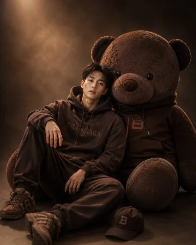 Cinematic Studio Portrait with Giant Teddy Bear — Nano Banana 2 AI Prompt: Ultra-realistic cinematic studio portrait of a young Asian man sitting casually...