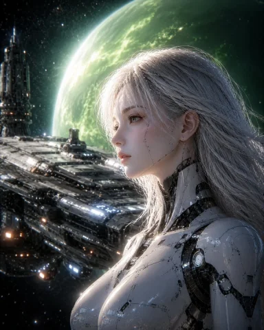 Female Android on Spaceship — Nano Banana 2 AI Prompt: Create a cinematic vertical sci-fi portrait of a female android aboard a spacesh...