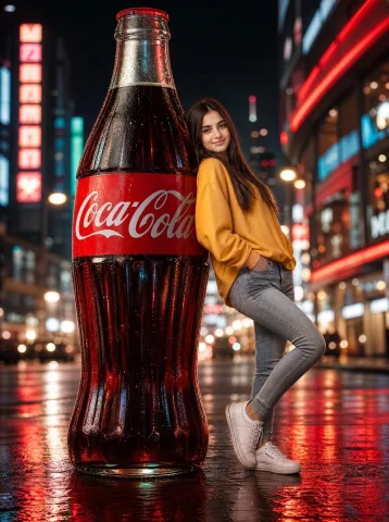 Neon Coca-Cola Street Portrait — Nano Banana 2 AI Prompt: Create a cinematic vertical night street portrait in a futuristic neon city afte...