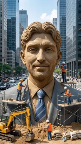 Censored Sand Businessman Statue — Nano Banana 2 AI Prompt: Create a vertical photorealistic urban scene of a colossal hyper-realistic sand...