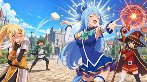 Konosuba Anime Character Dynamics — Nano Banana 2 AI Prompt: illustration of Konosuba with: Aqua playing her role as a goddess Kazuma throwin...