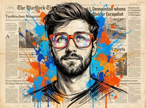 Newspaper Collage Pop Art Portrait — Nano Banana 2 AI Prompt: Energetic expressive portrait of a man gazing upward in awe, wearing oversized b...