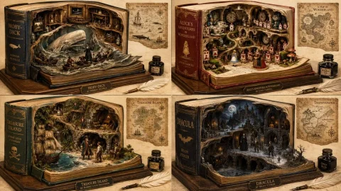 Magical Fantasy Book Diorama Grid — Nano Banana 2 AI Prompt: 2x2 grid, do this for 4 famous public domain non-copyrighted books: ( giant_slic...