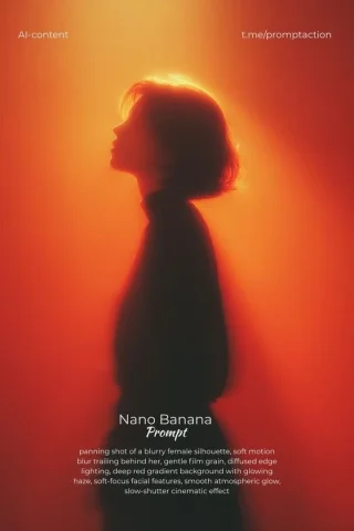 Red Motion Blur Silhouette — Nano Banana 2 AI Prompt: Panning shot of a softly blurred female silhouette with a gentle motion trail be...