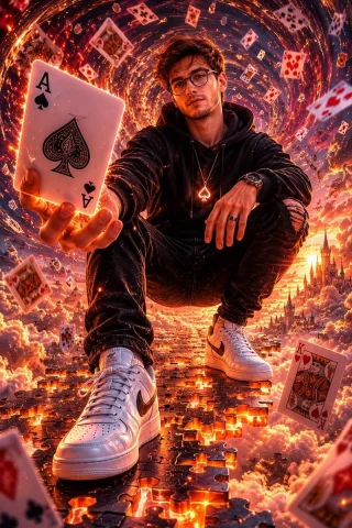 Fantasy Card Master Portrait — Nano Banana 2 AI Prompt: Ultra-realistic cinematic fantasy portrait of a young man crouching confidently...
