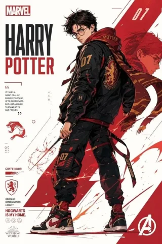 Marvel-Style Harry Potter Poster — Nano Banana 2 AI Prompt: Marvel-style superhero poster of Harry Potter, anime/manga art style, wearing Ho...