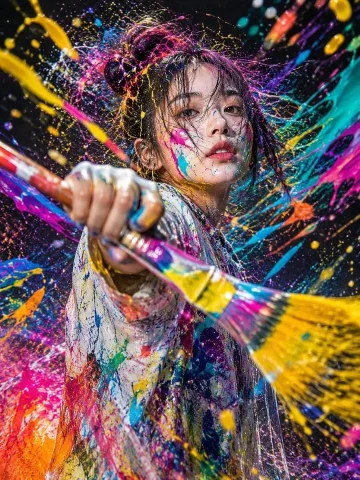 Action Artist Paint Explosion Portrait — Nano Banana 2 AI Prompt: Aspect ratio 9:16 Masterpiece Best quality Ultra-high definition Ultra-realistic...